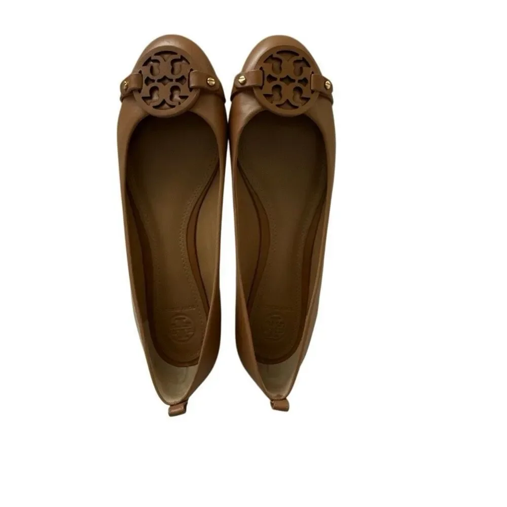 Tory Burch Womens Tan Brown Leather Slip-On Medallion Logo Ballet Flats Size 8.5